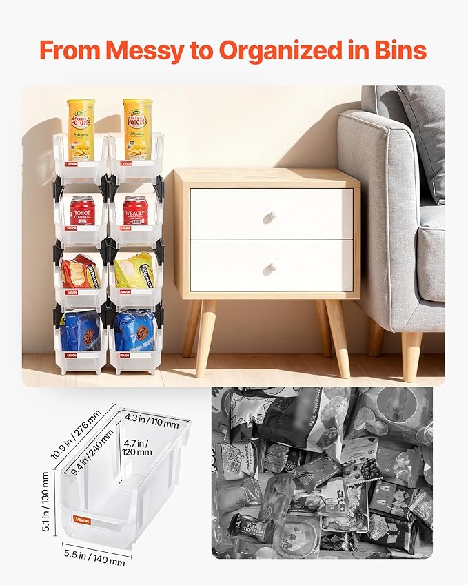 VEVOR Plastic Stackable Storage Bins, 10.9 x 5.5 x 5.1 inch (8 Pack), Plastic Containers for Organizing & Storage Bins for Closet, Garage, Small Parts, Office Supplies, Other Accessories, Transparent
