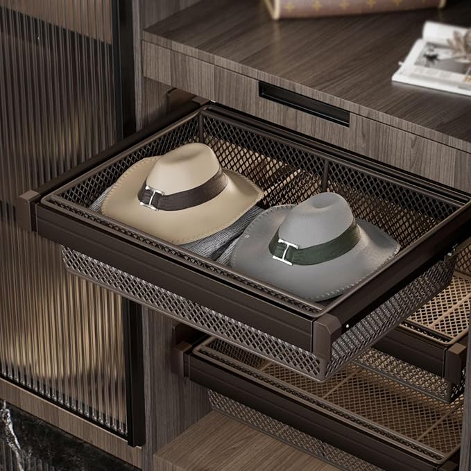 Pull Out Drawer Organizer Containers,Stackable Shelf Baskets Organizer,Aluminum Alloy Stackable Storage Bins,for Office Bathroom Bedroom(Brown,Gray)(Gray,25.98-29.92in)