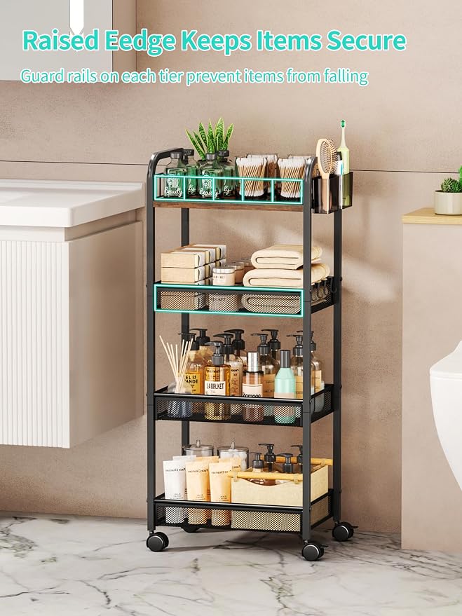 HapiRm 4 Tier Rolling Cart - Metal Utility Cart with Locking Wheels | Rolling Storage Cart Organizer with 2 Hanging Cup, 4 Hooks, Mesh Basket, Space-saver for Kitchen, Craft Art, Office, Bathroom