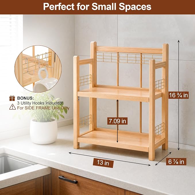 No-Assembly Coffee Bar Organizer, 2-Tier Coffee Station Shelf | Foldable Oak Wood Shelf, Coffee Station Accessories Storage for Syrup & Pod, 3 Hooks for Mugs, Kitchen Condiment Rack Natural