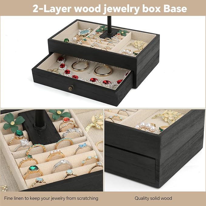 Meangood Jewelry Organizer Stand, 3-Tier Necklace Holder Jewelry Tree with Wooden Storage Drawer Box for Necklace Bracelet Earring Ring,Black