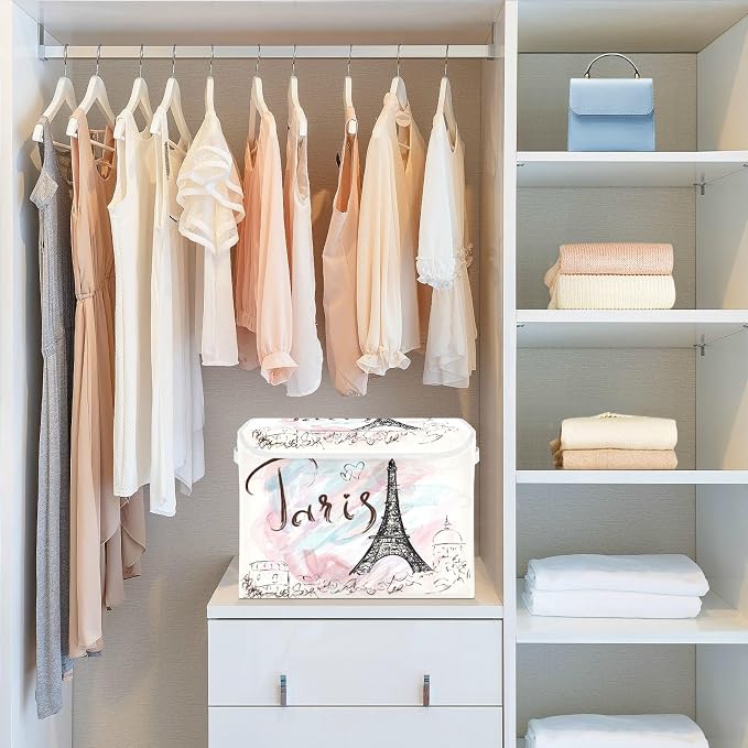 CaTaKu Large Fabric Storage Bins With Lids,Vintage Eiffel Tower Paris Storage Boxes With Handles for Organizing Clothes, Collapsible Decorative Storage Cube Bins Baskets for Shelves