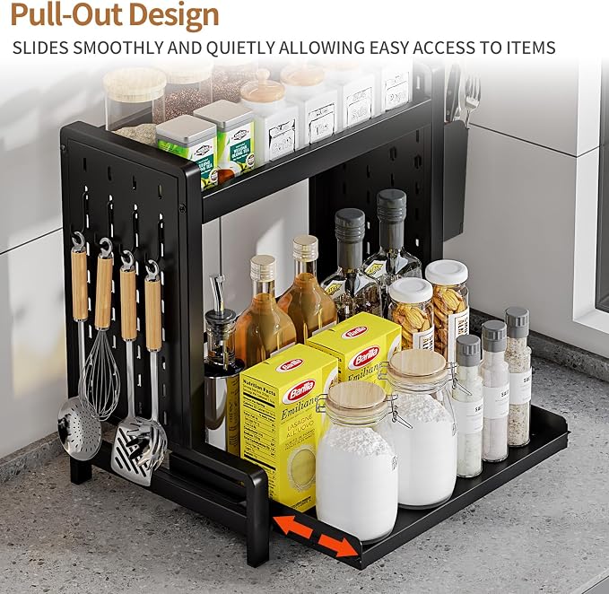 Spice Rack with Pull Out Drawer Counter Storage Organizer Metal 2-Tier | Rust-Resistant Holds 20 lbs Saves 50% Counter Space with Hooks & Hanging Basket for Kitchen Coffee Bar Bathroom Apartment