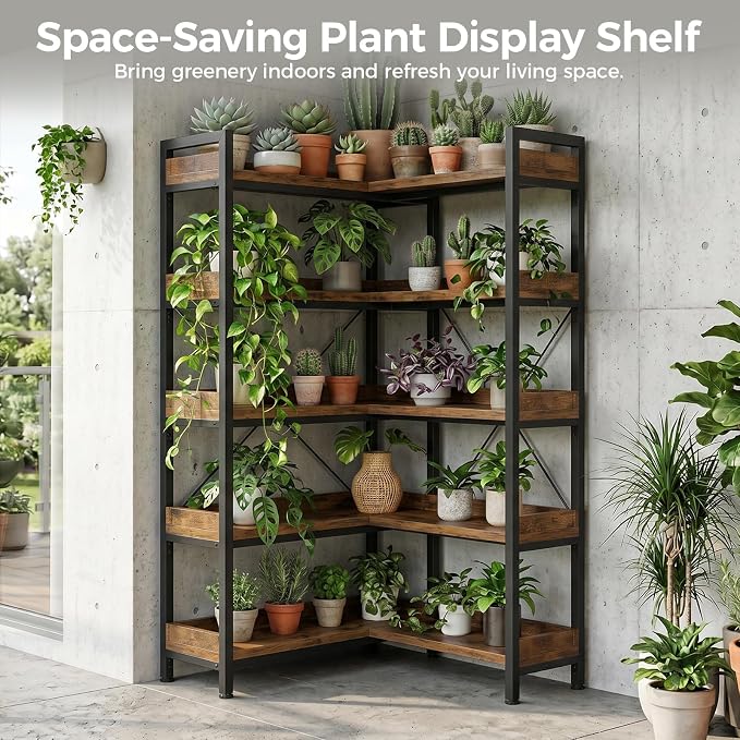GTPLAYER 5-Tier Corner Bookshelf, L-Shaped Metal Frame Shelf with Tall 14" Shelves, Plant Stand and Storage Rack for Small Spaces, Living Room and Home Office, Brown