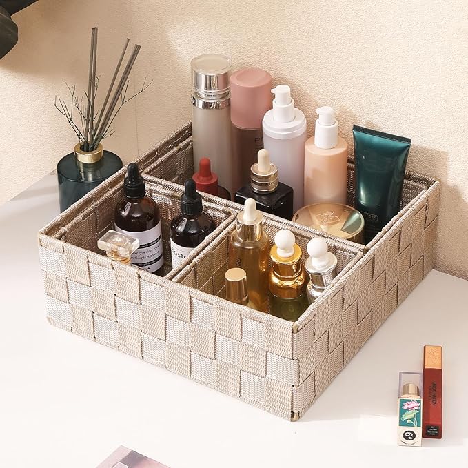 Storage Bins Woven Organizer Set of 4 – Polypropylene Storage Baskets with Metal Frame, Stackable Fabric Boxes for Drawers, Closet, Shelf, Nursery and Office, Beige