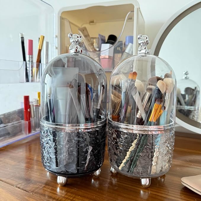 Dezzer Makeup Brush Holder with Lid, 360 Rotating Dustproof Make Up Organizers, 6 Slot Make up Brush Holder for Vanity Bathroom Countertop Office, Gray