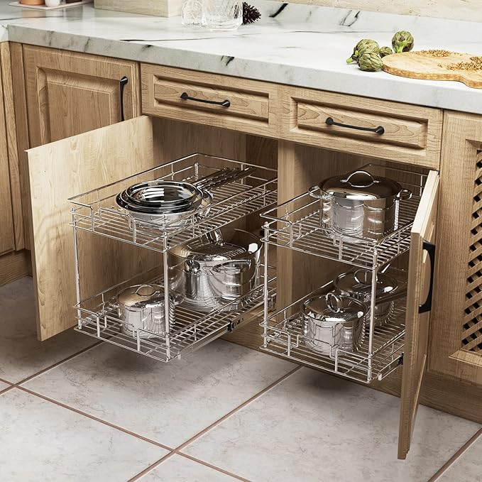 ROOMTEC New Version Pull Out Cabinet Organizer for Base Cabinet (14" W X 21" D), Kitchen Cabinet Organizer and Storage 2-Tier Cabinet Pull Out Shelves Under Cabinet Storage for Kitchen Silver,Chrome