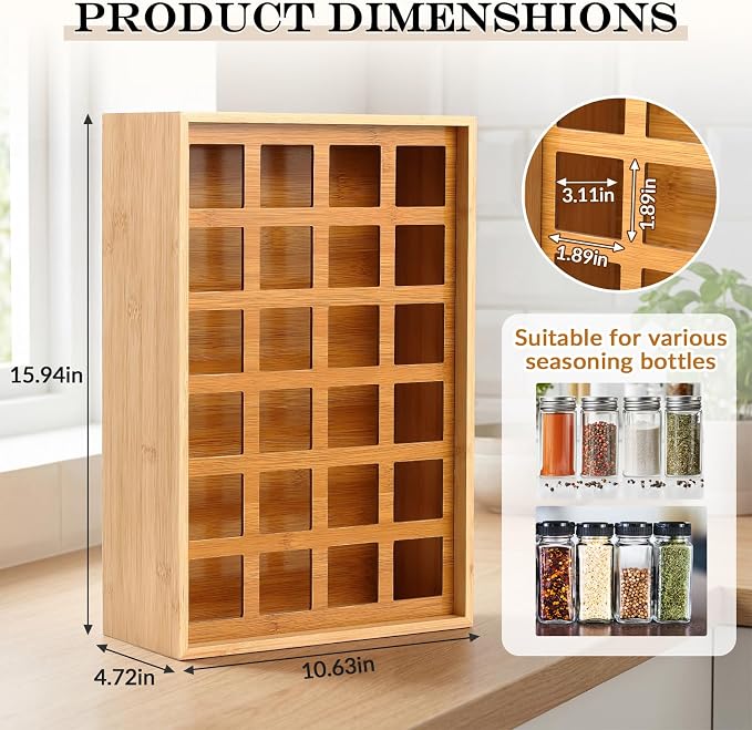 Novabright 24 Grids Bamboo Spice Rack Organizer, Wooden Spice Rack Wall Mount with Square Compartments, Wood Hanging Shelf for 4 oz Glass Jar Drawer Cabinet Kitchen Countertop Wall, Jars Not Included