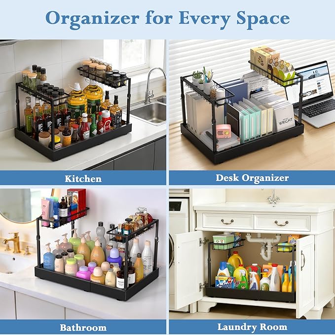 Aisslro Under Sink Organizer, 2 Tier Under the Sink Storage, Expandable Adjustable Slide Out Pull Out Under Cabinet Organizers Shelf, for Kitchen Bathroom Pantry Closet Organization, Black