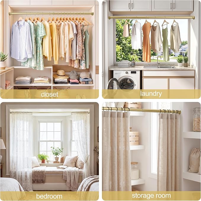 Adjustable Closet Rod for Hanging Clothes, 17-84inch Heavy Duty Metal tension clothes rod，1.3Inches Closet Pole with Hardware Kit for Closet Organization Laundry Room RV, Gold