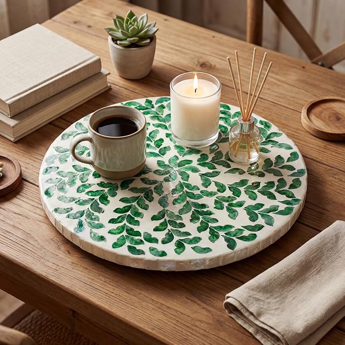 Reallnaive Mother of Pearl Lazy Susan for Table Turntable Organizer Marble Patterned Lazy Susan Wood Spinning Tray Rotating for Kitchen Cabinet Spice Pantry 12 Inch(Round,Green Grass)