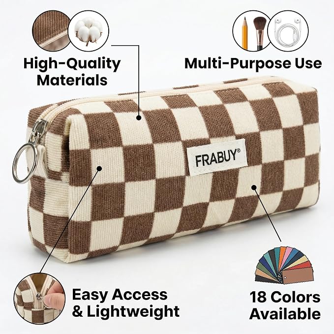 Soft Corduroy Pencil Case Pen Pouch Organizer, Small Stationery Bag | Cute brown checkerboard pouch, smooth zipper, daily cosmetics holder, compact organizer for school teen girls, women