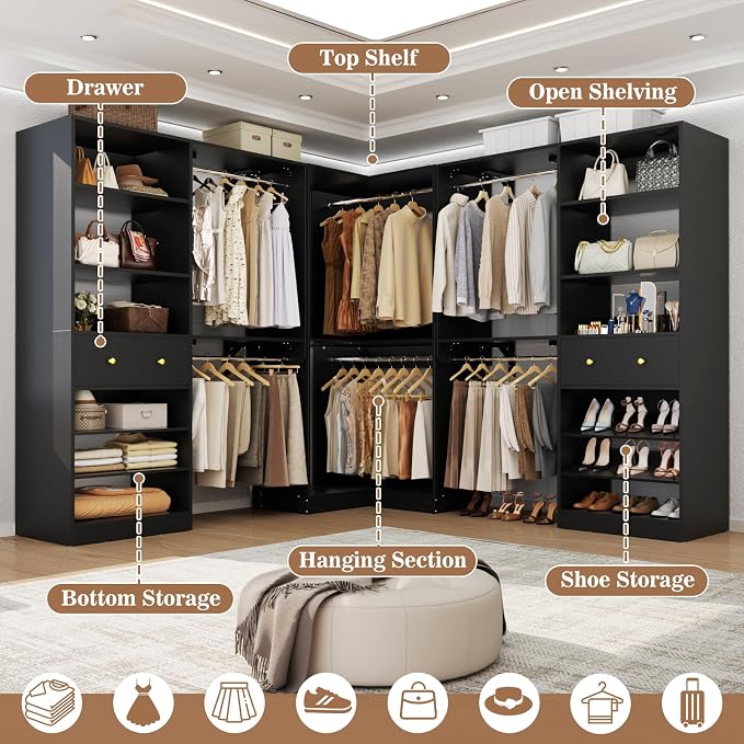 Armocity Closet System Set of 3 - Corner Closet Organizer System with 2 Drawers/16 Shelves/6 Hanging Rods, 151.1" L-Shaped Walk-In Wardrobe Organizer, 2800+ lbs Capacity, Black