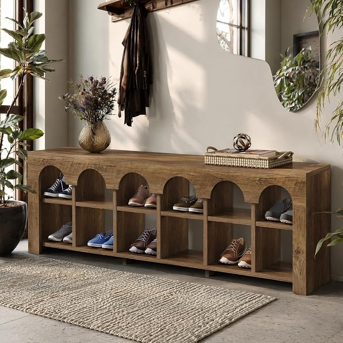 63" Entryway Bench with Shoe Storage, Farmhouse Bench with 12 Cubbies | Stores 12 Pairs, Slim 11.8" Profile, Arched Cubby Design, Shoe Organizer, Ventilated Storage, Wood Bedroom Bench
