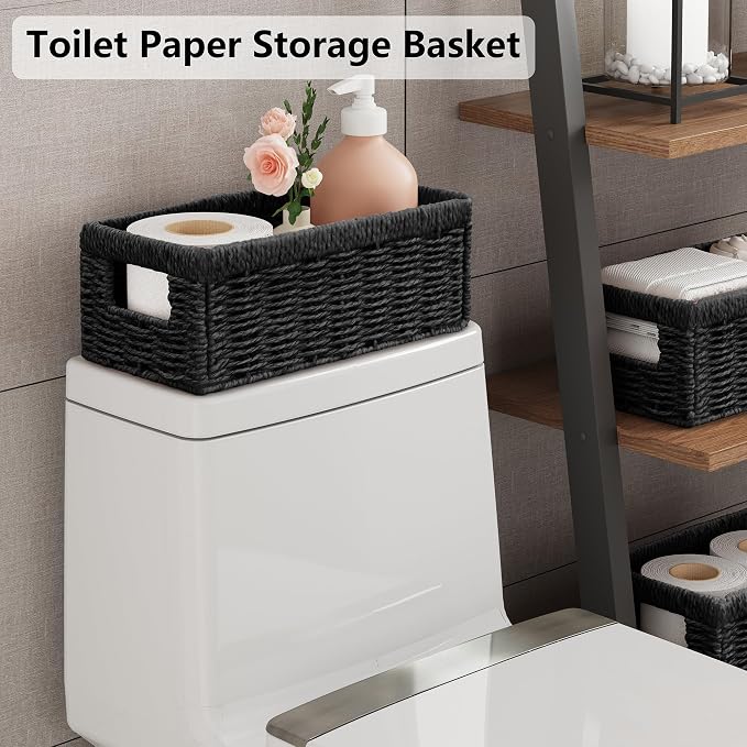 Vagusicc Wicker Storage Basket, Set of 2 Hand Woven Wicker Baskets for Organizing with Handles, Decorative Small Storage Bins for Countertop Toilet Paper Basket for Toilet Tank Top Shelves, Black