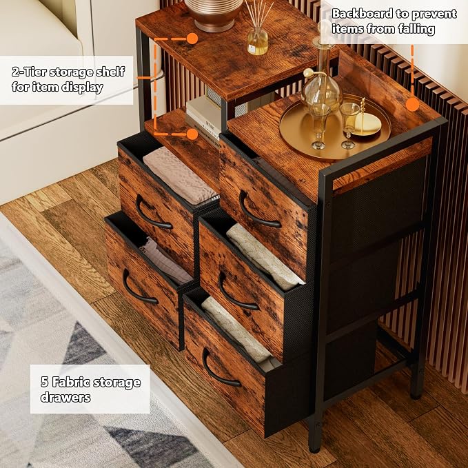 Furnulem Rustic Brown Dressers for Bedroom, 5 Drawer Dresser for Closet | Small Fabric Dresser with 2 Tier Shelf, Drawer Units with Sturdy Metal Frame, Storage Cabinet Organizer for Hallway, Wood Top