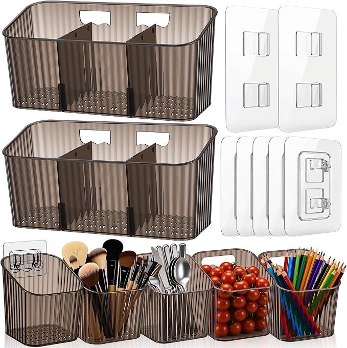 7 Pack Cabinet Door Organizer Adhesive Wall Mount Storage Bins Makeup Containers Stackable Organizer Basket for Kitchen Cabinets, Bathroom, Pantry, Office, Refrigerator (Frosted Gray)
