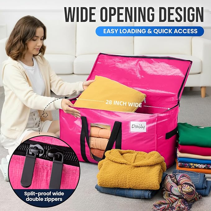 TAILI 6 Pack Pink Extra Large Moving Bags, Heavy Duty Totes with Visible Window, Wrap Around Handles, Space-Saving Storage Solution, Alternative to Moving Boxes