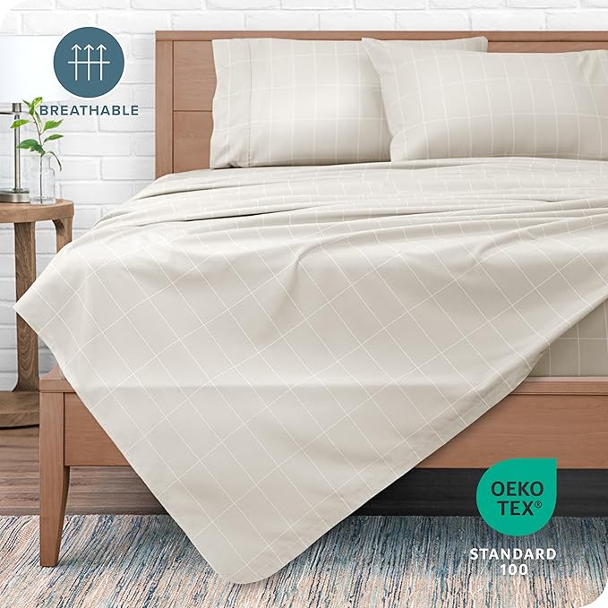 Bare Home Twin Sheet Set - Luxury 1800 Ultra- Soft Double Brushed Microfiber - Deep Pockets - Easy Fit - 3 Piece Bedding Sheet Set (Twin, Grid - Stone/White)