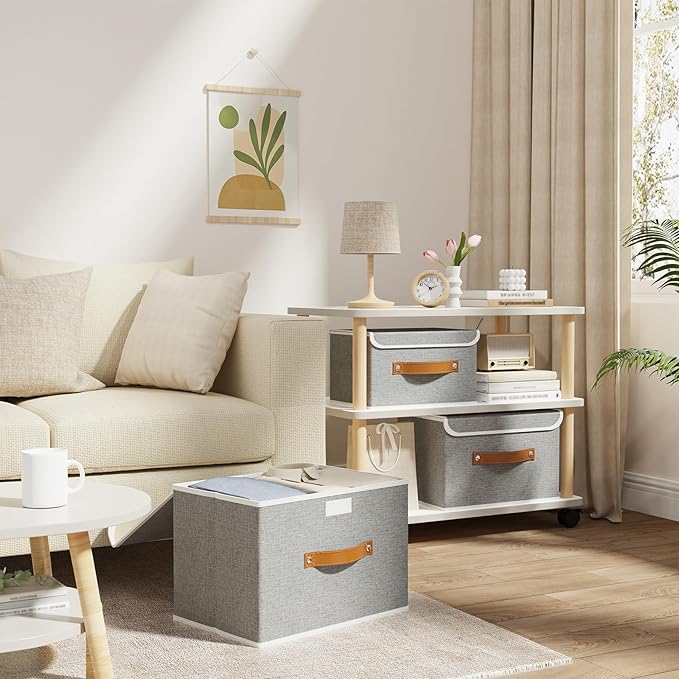 OUTBROS Collapsible Storage Cubes with Lid, Linen Fabric Wardrobe Baskets, Large Box For Towels, Clothes, 15 x 9.8 x 9.8 inch, Grey, 3-Pack