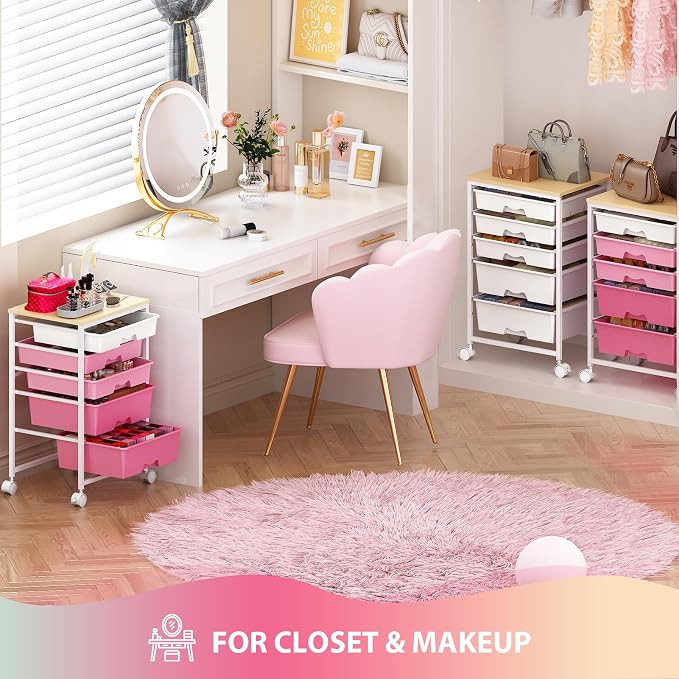 Goovilla Rolling Cart with Drawers, Utility Cart Organizer with 5 Removable Drawers and Wooden Tabletop, Lockable Rolling Storage Organizer for Art, Classroom, Home, Dorm, Office, Craft Storage, Pink
