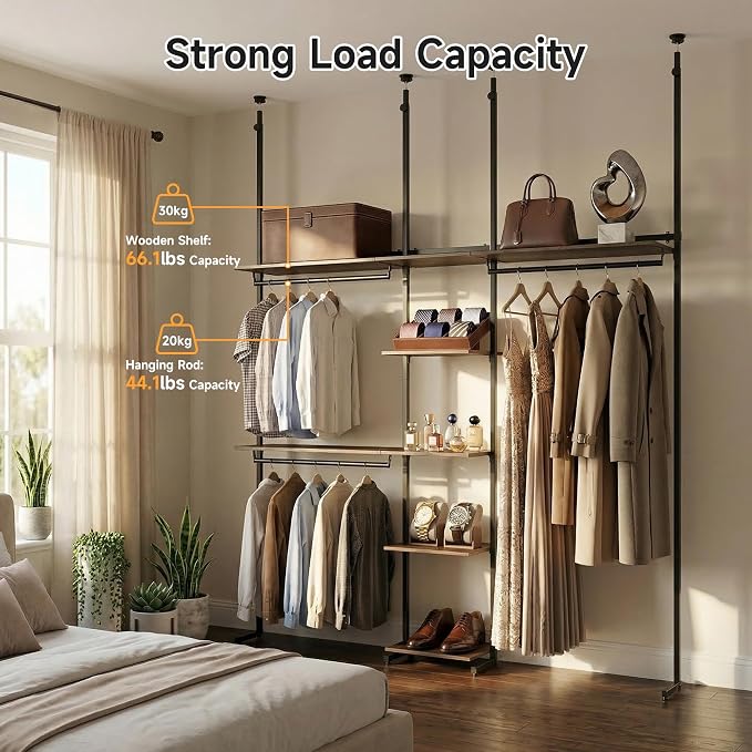 MZG Closet Organizer System, Freestanding Closet System with Wood Shelves & Hanging Rod, Adjustable Floor-to-Ceiling Open Wardrobe for Bedroom, Apartment & Small Closet (16.8"D x 48.4"W x 137.7"H)