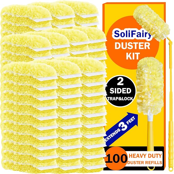 100 Count Heavy Duty Duster Refills for Swiffer Duster, 3 ft Extendable Handle + 1 Short Handle, Multisurface 360 Dusters kit for Dusting Furniture, Ceiling Fans, Blinds, Corners, Yellow