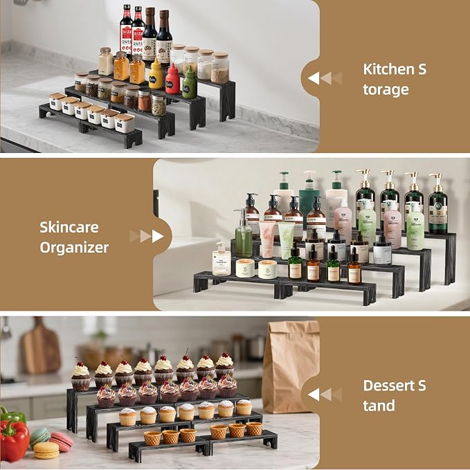 Large 2 Set wood tone Wooden Tiered Display Stands 4 Tier Stackable Pine Wood Display Risers, Suitable for Vendor Events, Cupcake Stands, cake stand Wooden Dessert Table Sets, Vendor Booth Displays,Cosmetic & Perfume Display Tools, Kitchen Spice Storag...