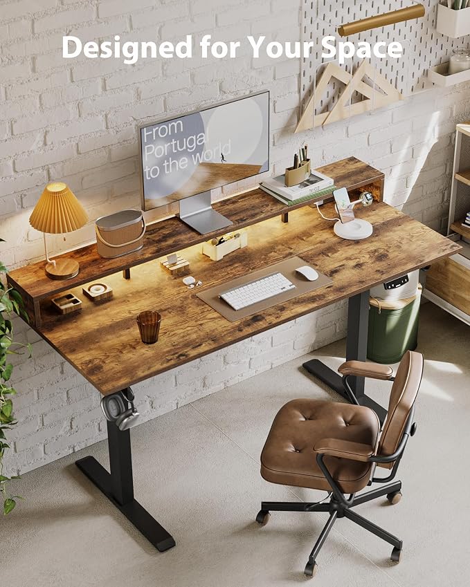 Agilestic 55 x 24 Inch Electric Standing Desk with Shelf, Height Adjustable Desk with Power Outlets & LED, Sit Stand Up Table with Monitor Stand, Computer Workstation, Rustic Brown