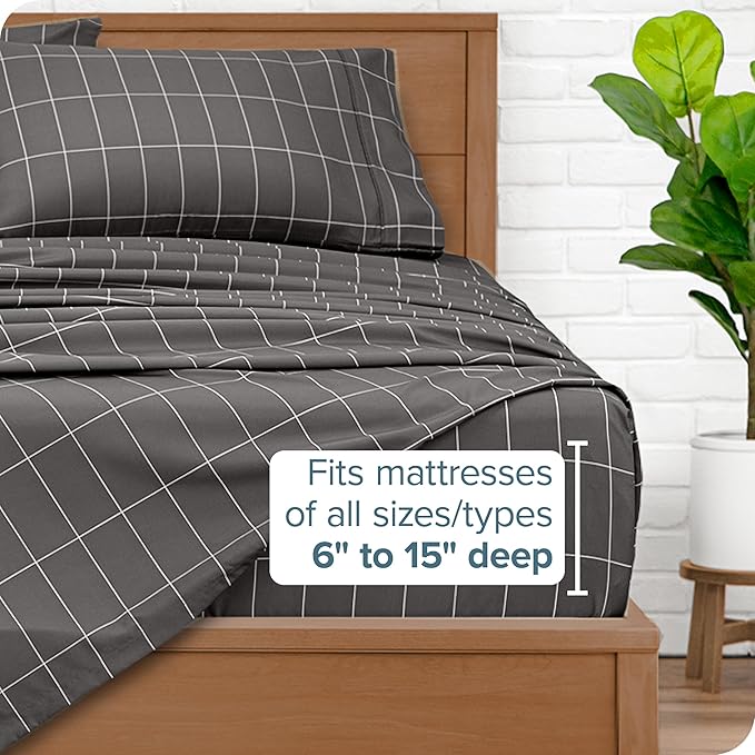 Bare Home Split King Sheet Set - 1800 Ultra-Soft Microfiber Bed Sheets - Double Brushed - Deep Pockets - Easy Fit - 5 Piece Set - Bed Sheets & Pillowcases (Split King, Grid - Grey/White)