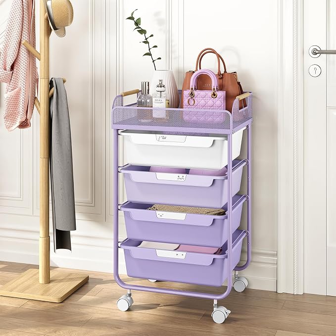 SYKIARIOL 4-Drawer Rolling Storage Cart with Mesh Top, Utility Craft Organizer Cart on Wheels with DIY Labels, Rolling Drawer Cart for Home Office Classroom Bedroom, Purple