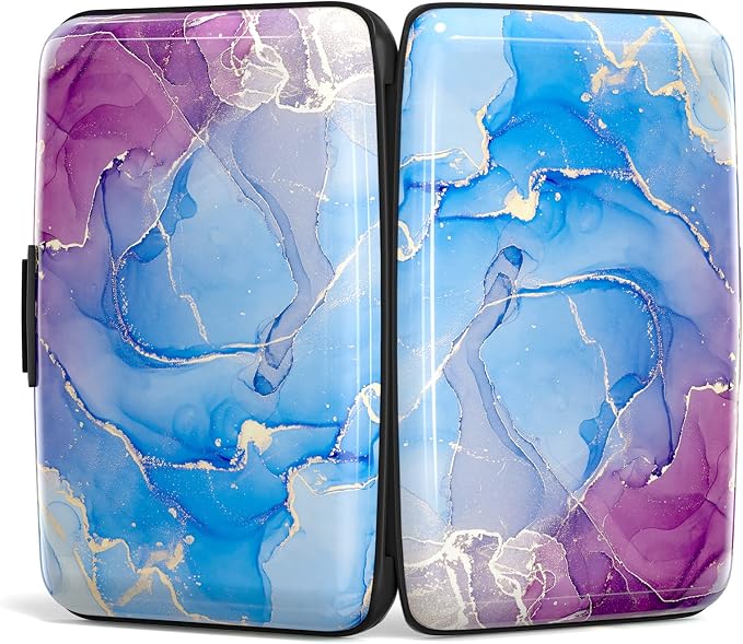 Credit Card Holder Wallet, Small RFID Metal Credit Cards Wallet Cute Pocket ID Case for Women and Men, Blue Purple Marble