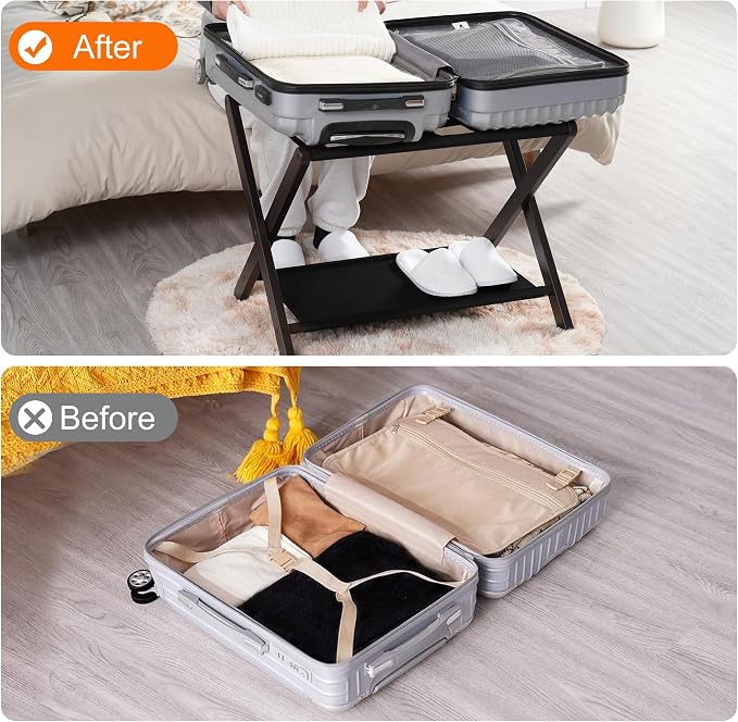 Heybly Luggage Rack, Folding Suitcase Stand with Storage Shelf, Heavy-Duty Luggage Holder for Guest Room Bedroom Hotel, Holds up to 165 lb, Black, HLR010Z1