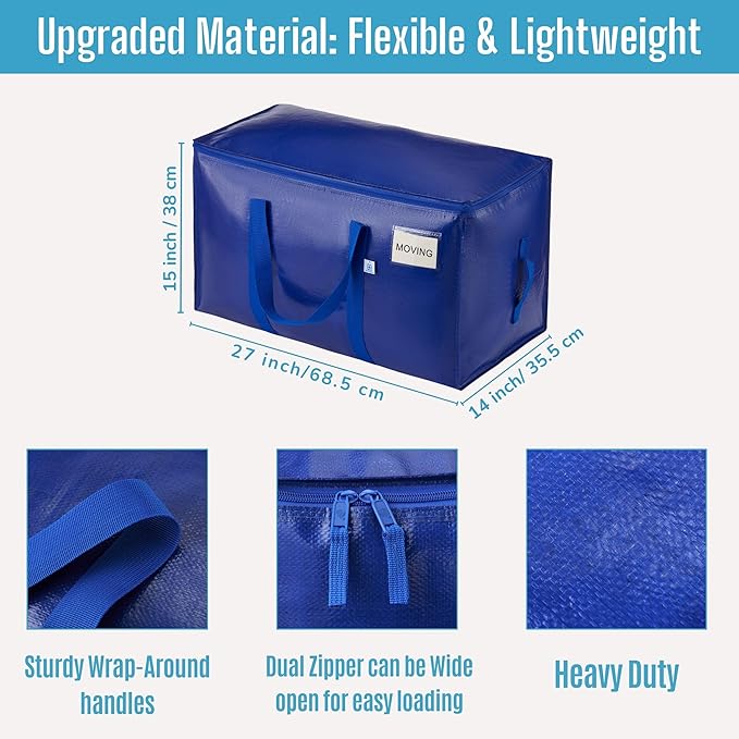 VENO 8 Pack Heavy Duty Moving Bags, 90L Extra Large Packing Storage Totes, 50lbs Load, Reinforced Handles, Zippers & Tag, for College Dorm Essentials, Clothes, Bedding (Blue)