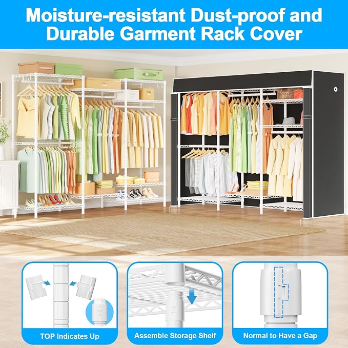 Ulif E13C Heavy Duty Closet Organizer System，Freestanding Clothing Racks for Hanging Clothes，Adjustable Garment Rack 63" W x 16" D x 77" H Hold 960 lbs，White Clothing Rack with Black Dustproof Cover