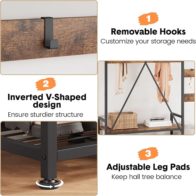 Coat Rack Hall Tree with Shoe Bench and Storage, Large Entryway Organizer with Hooks, Hanging Bar, Shoe Rack, Storage Cubbies, Shelf, Mudroom Bench, Rustic Hallway Furniture for Living Room Bedroom