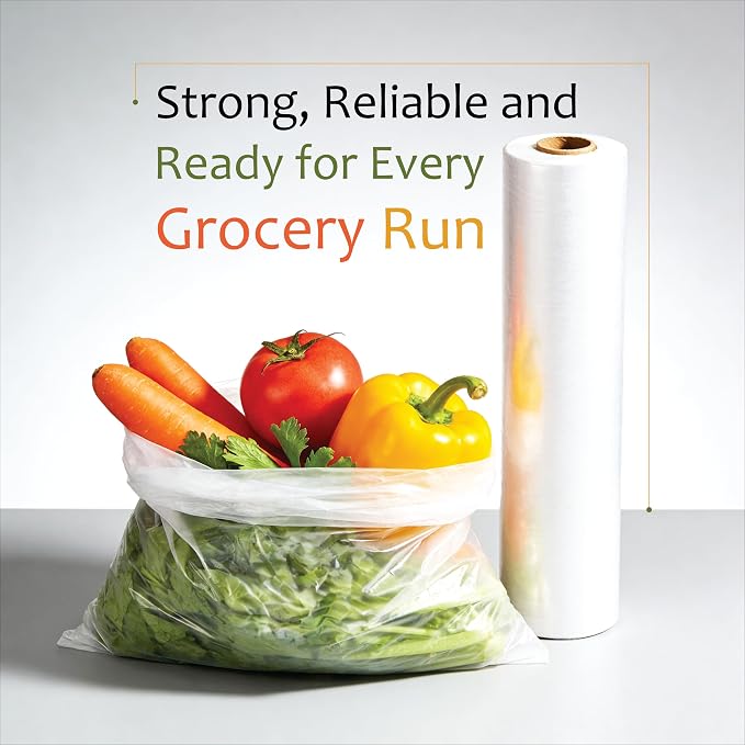 EcoQuality 18" x 24" Plastic Produce Bags on a Roll - 250 Clear Bags/Roll for Vegetables, Fruits, Bread, Pet Waste & Groceries