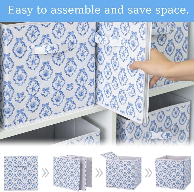 Geelin 6 Pcs Blue Bow Seashell Storage Bins 11 Inch Summer Beach Storage Basket with Handle, Coastal Organizer Basket, Ocean Collapsible Fabric Box for Classroom Bedrooms Office Home Decoration Gift