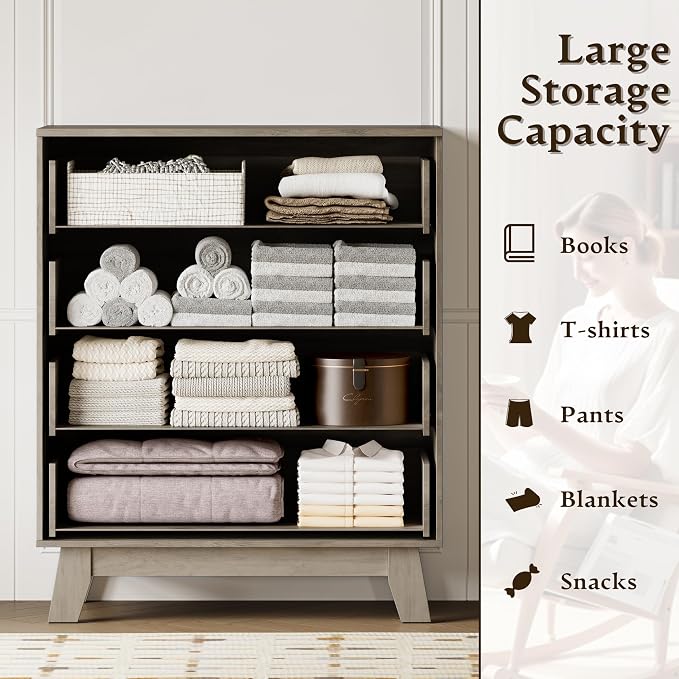 BORNOON 39" Tall Dresser for Bedroom, 4-Drawer Fluted Chest of Drawers, Modern Wood Highboy with Deep Storage, Metal Slides & Handles, Anti-Tip Kit, Vertical Clothes Organizer for Apartment, Nursery