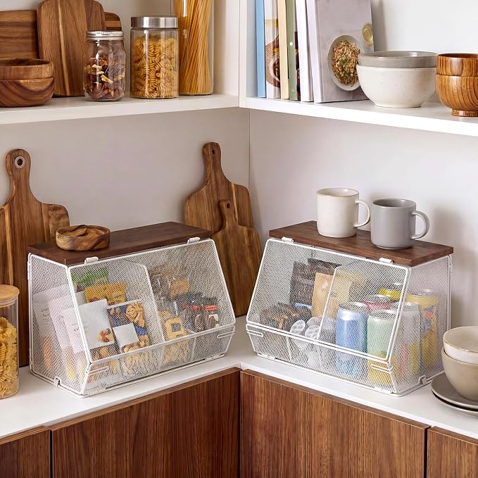 Teenyyou 2 Pcs Stackable Mesh Fruit Basket with Lid Wall Produce Vegetable Storage Basket Onion Potato Hanging Metal Wire Container for Kitchen Counter Pantry (Divided,White,8.3"w & 13.8"L)