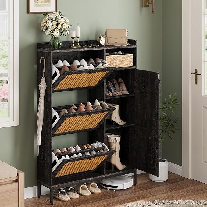 GarveeHome Shoe Cabinet Rattan with 3 Flip Drawers and 4-Tier Shoe Storage Cabinet, Freestanding Shoe Organizer with Adjustable Shelves for Entryway, Closet, Hallway