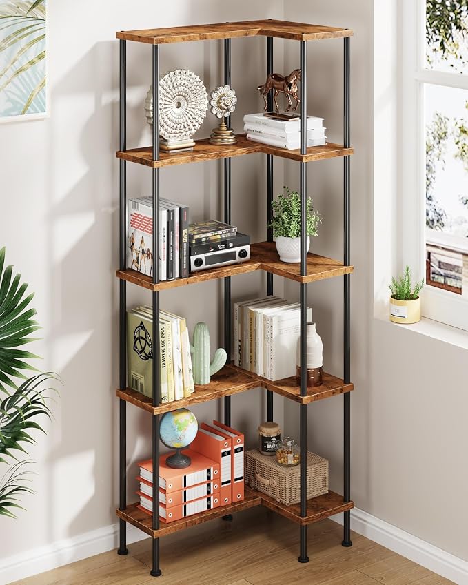 HIGDBFE 5-Tier L-Shaped Corner Bookshelf, 60" Tall Modern Corner Shelf | L-Shape Corner Fits Living Room, Bedroom, or Home Office Corners, 5 Open Shelves, Display Rack for Books, Plants, and More
