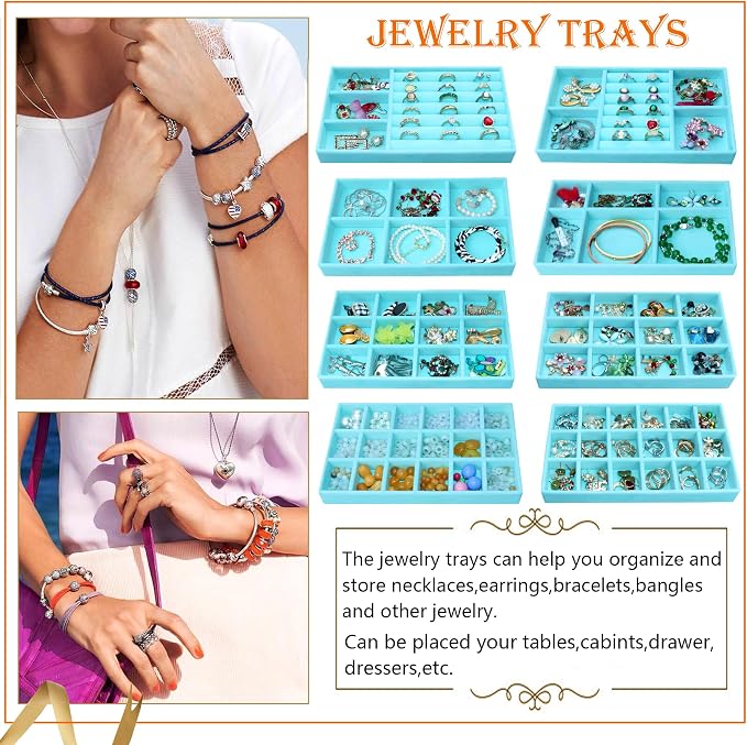 8 Pcs Velvet Jewelry Tray Stackable Jewelry Drawers Organizer Trays Rings Earrings Bracelet Organizer (8.2" x 5" x 1")