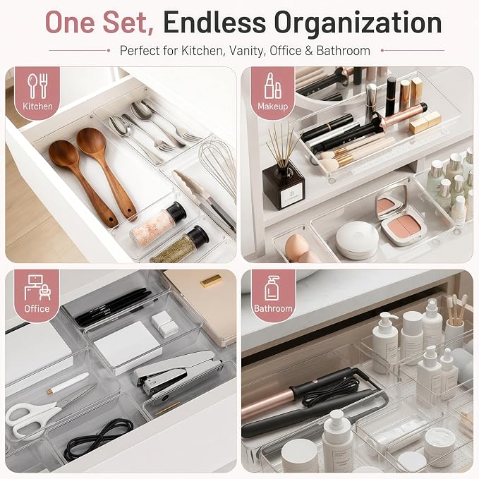 Drawer Organizer, 10 Pack Large Clear Plastic Organizer Bins 5 Sizes, Versatile Bathroom Drawer Trays, Heavy Duty Non‑Slip Drawer Dividers for Makeup, Office & Kitchen Utensils