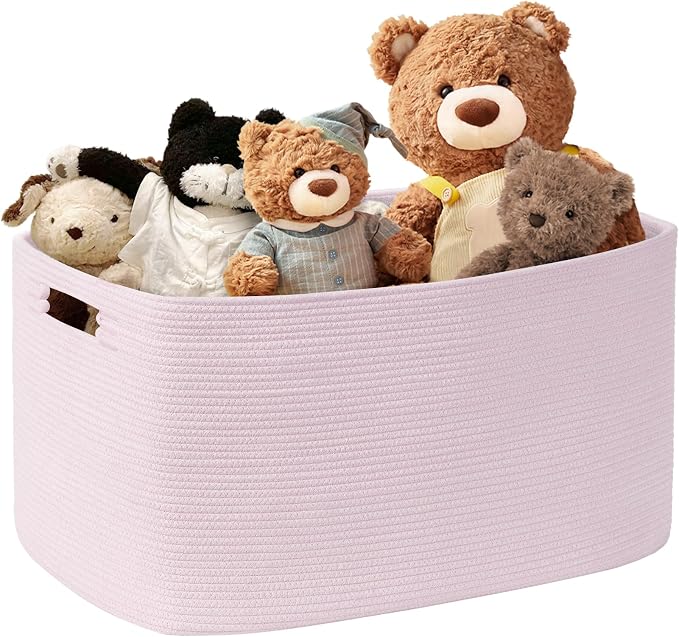 45L Small Woven Laundry Basket Hamper with Handles, Pink | 18"x14"x11", collapsible wicker hamper, storage for dirty clothes, toys, blankets, gifts, living room, bedroom, bathroom