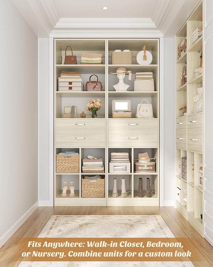 Besiost 18.9" Small Closet System with Drawers, Walk-in Closet Organizer | Small Closet Organizer for Walk in Closet, Bedroom & Nursery, Wardrobe Storage Unit, Greige Oak