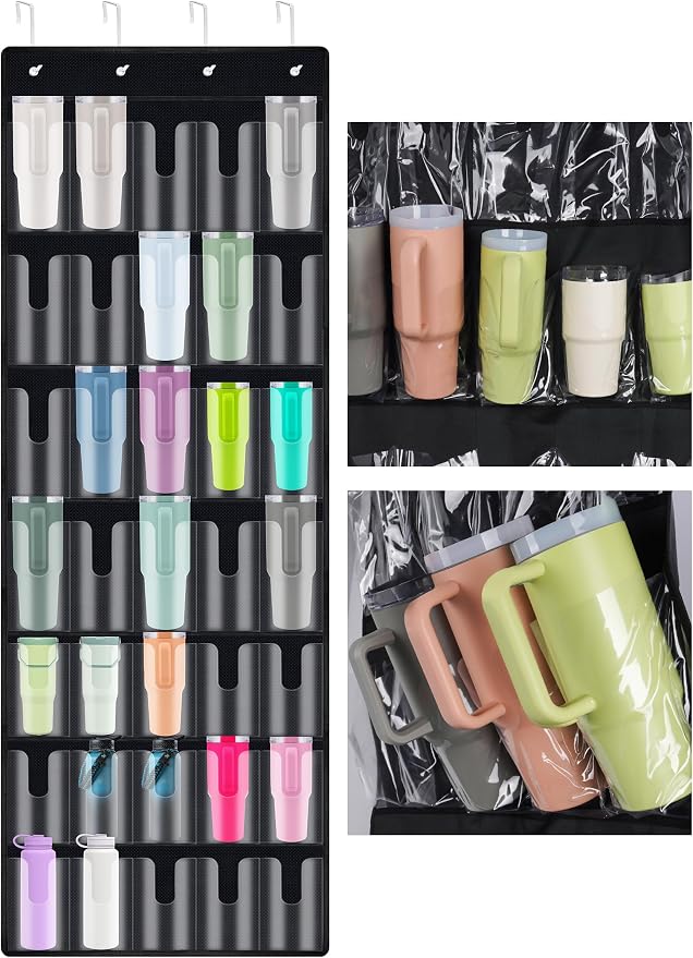 NiHome 35-Pocket Door Hanging Cup Organizer Fit for Stanley Tumbler 30 40oz | Large Capacity Over the Door Water Bottle Storage with Nano Tape, Waterproof Oxford Fabric, U-Shaped Handle Slots (Black)