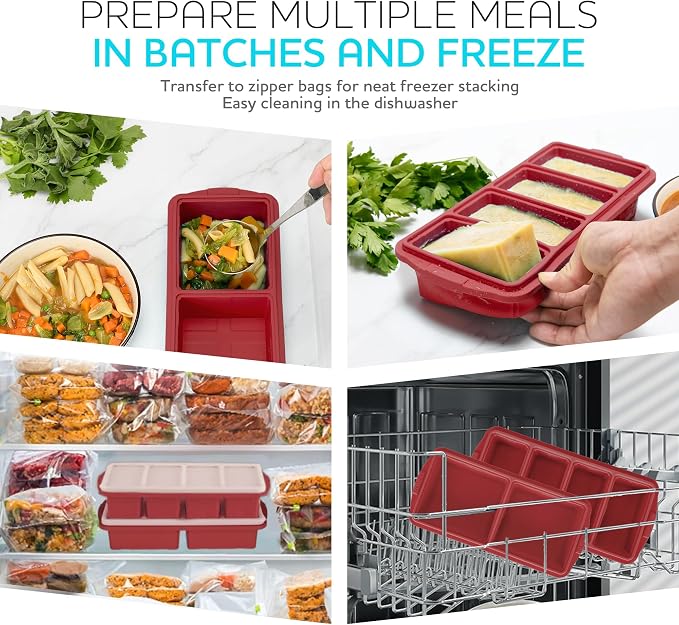 Silicone Freezer Tray With Lid-Soup Freezer Container molds-Large Ice Cube Tray Set Makes 1-Cup & 2-Cup portions cubes Perfect for preparing meals in different portion sizes Oven & Dishwasher -Safe