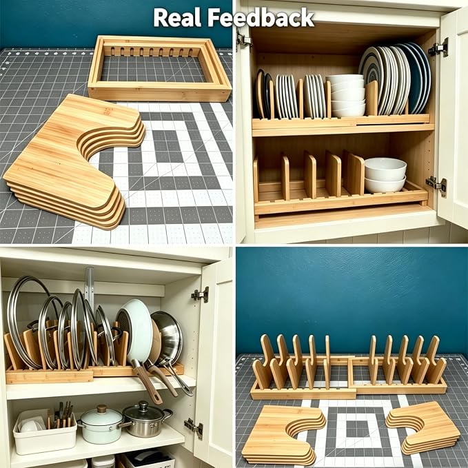 Bamboo Pot and Pan Organizer, Expandable Pot Lid Cutting Board Organizer | Pot and Lid Organizers Inside Cabinet, Adjustable Cutting Board Holder With Non-Slip Base for Kitchen Storage