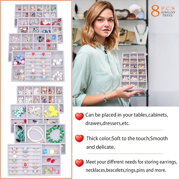 Earring Organizer 8 Stackable Jewelry Tray Drawer Removable Jewellry Storage Display Plate for Earring Rings Necklace Bracelet Watch with Removable Dividers